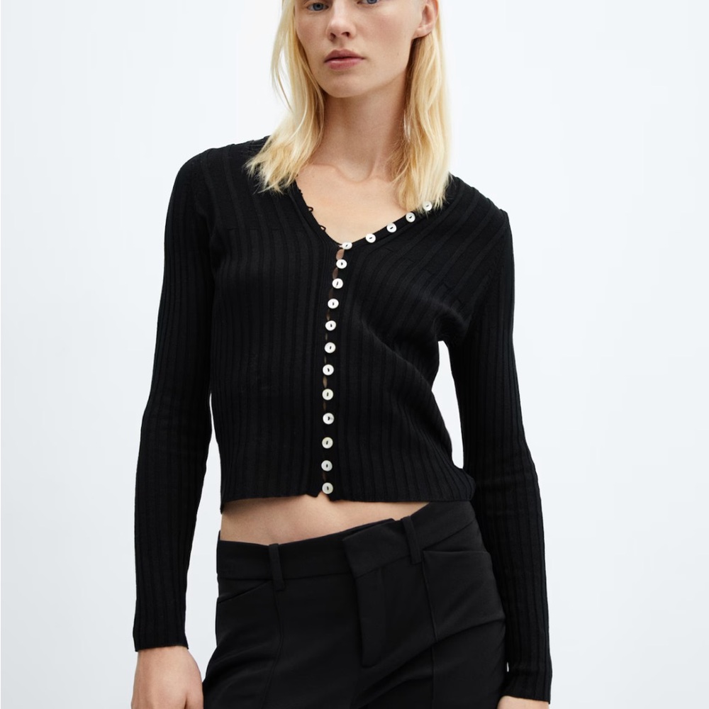 NWT Mango Black Ribbed Cardigan with Button Detail - Picture 2 of 16